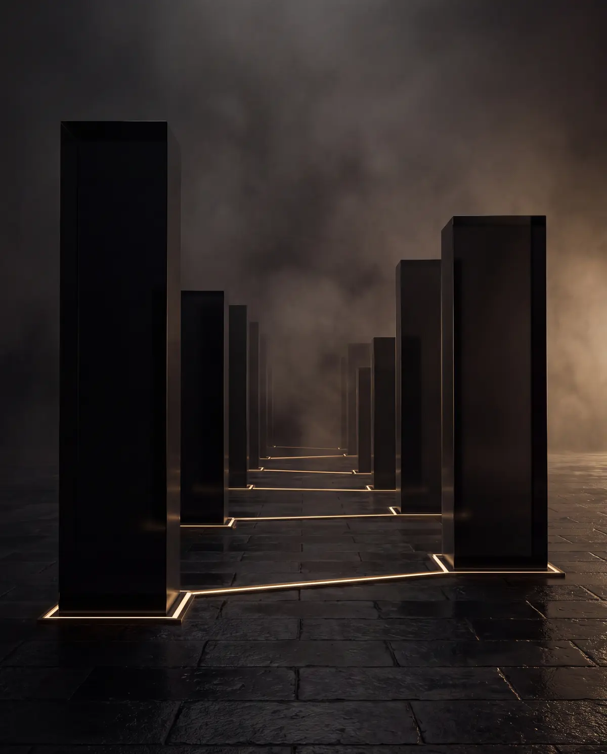 Illustration: a row of black glass monoliths joined by one continuous line of brass light on wet stone