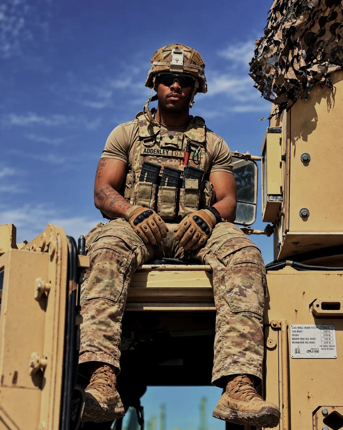 Jaiden in a camouflage combat uniform and helmet, seated on a tan military vehicle under a blue sky